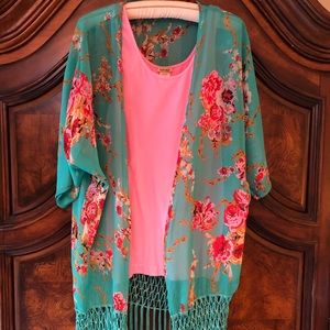 Bright Multi-color Shawl with fringe OS.